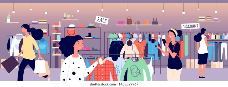 Women in clothing store. People shoppers choosing fashion clothes in boutique. Garment shop interior vector concept. Illustration of boutique clothing, fashion store mall
