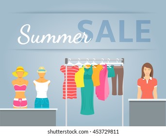 Women clothing store vector flat illustration. Casual clothes collection hanging on metal rack and displayed on mannequins in shop interior. Beautiful girl seller stands at counter. Summer sale banner
