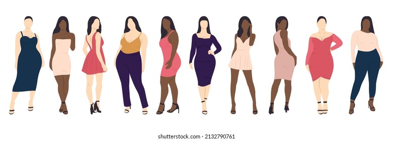 Women clothing vector set. Woman in jeans, short and medium dress. Female body illustration.