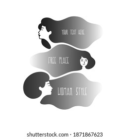 Women with cloud hair, set. Black and white vector object.