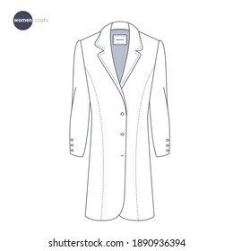 Women coat. Clothes icons, thin line style. Retail online store catalog sections signs and objects. Vector collection.