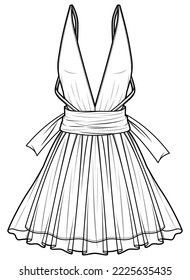 Women Cocktail dress design flat sketch fashion illustration with front and back view