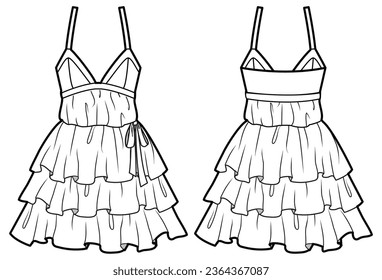 Mujer Ropa de cóctel diseño de dibujo plano ilustración de moda con vista frontal y trasera. Dibujo de cad de vástago de vástago de vástago de neumático de rúbrica