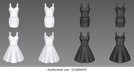 Women cocktail and sheath dresses in front and back view. Vector realistic 3d mockup of black and white girls evening gown with short skirt and sweetheart neckline isolated on background