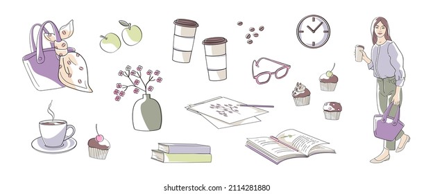 women with coffee cup and set of coffee time elements-cups, books, wall clock, coffee beans, cupcakes. Vector line art illustration with colour shapes.