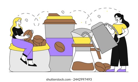 Women with coffee linear concept. Young girl near teapot with beans. Aroma and beverage. Tasty hot drink and beverage. Doodle flat vector illustration isolated on white background