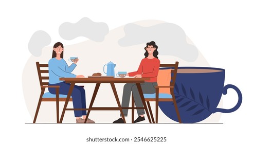 Mujeres con tiempo de café. Chicas jóvenes sentadas a la mesa con bebidas calientes. Personas bebiendo té juntos. Conversación y comunicación. Ilustración vectorial plana aislada sobre fondo blanco