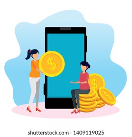 women with coins and smartphone technology of digital bank