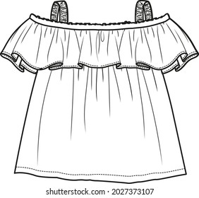 Women Cold Shoulder Frill Top Flat Sketch Vector Illustration