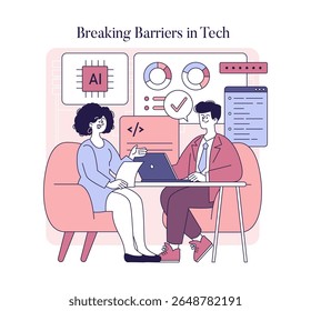 Women collaborate in a tech environment, discussing artificial intelligence and technology solutions. The illustration captures the essence of empowerment and teamwork, depicting a modern work setting