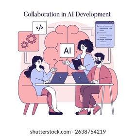 Women collaborating in AI development engage in discussions about innovative technology and programming. They share ideas using laptops, showcasing teamwork and creativity in a modern workspace.