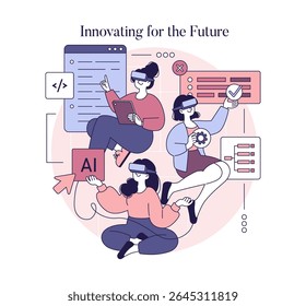 Women collaborating in artificial intelligence development. They engage with advanced technology, showcasing creativity and innovation. Together, they embody the future of AI and tech industries