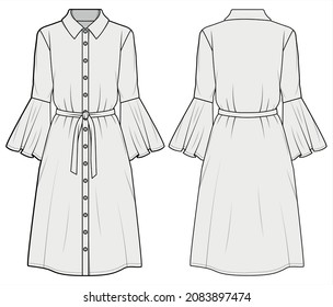 Women Collared Bell Sleeve Shirt Dress with Belt, Modest Knee Length Shirt Dress Front and Back View. Fashion Illustration, Vector, CAD, Technical Drawing, Flat Drawing.