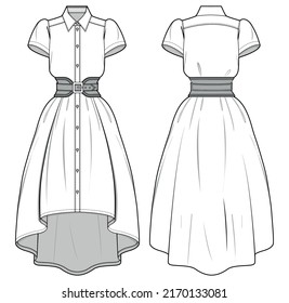 Women Collared Dipped Hem Dress with Wide Belt, Girls Uniform with Belt Front and Back View. Fashion Illustration, Vector, Technical Drawing.	