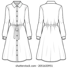 Las mujeres collaron el vestido de manga larga con la vista frontal y posterior de Waistband. vector de ilustración de moda, CAD, dibujo técnico, plano plano.