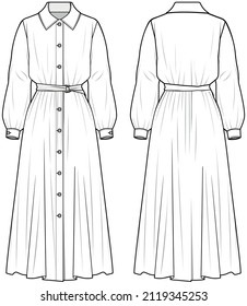 Women Collared Long Sleeve Maxi Dress With Waistband, Collared Abaya, Modesty Dress Front And Back View. Fashion Illustration Vector, CAD, Technical Drawing, Flat Drawing.	