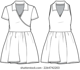 Women Collared Skater Activewear Dress, Tennis Dress, Women School Uniform Dress Fashion Illustration, Vector, CAD, Technical Drawing, Flat Drawing, Template, Mockup.