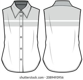 Women Collared Sleeveless Blouse Front and Back View. Fashion Illustration, Vector, CAD, Technical Drawing, Flat Sketch.