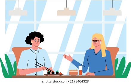 Women colleagues having lunch together in the cafe. Girlfriends, meeting, chat. Restaurant interior. Sushi on the table. Flat vector illustration