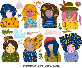 Women collection. Beautiful womens with different hair style and skin color. Flowers, leaves, different women, clouds ideal for postcards, scrapbooking, posters. Vector illustration. 
