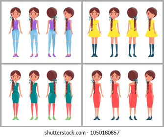 Women collection constructor, women wearing dresses of different colors and pants with blouse, constructor, vector illustration isolated on white