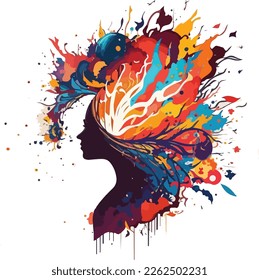 Una mujer concepto de mente colectiva arte, mente explosiva, mundo interior, sueños, emociones, imaginación y mente creativa ilustración vectorial