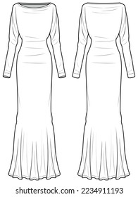 Women column dress design flat sketch fashion illustration with front and back view, long sleeve boat neck mermaid dress drawing vector template.