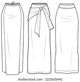 Women Column Skirt flat sketch vector illustration, Set of womens long Full length skirt for casual wear fashion technical drawing vector template mock up
