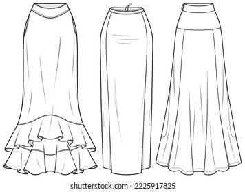 Women Column Skirt flat sketch vector illustration, Set of womens long Full length skirt for casual wear fashion technical drawing vector template mock up