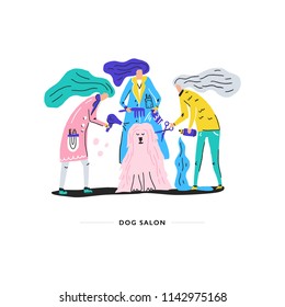 Women combing dog. Dog grooming concept. Hand drawn vector illustration. 
