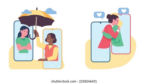 Women comfort and care for girls with psychological problems over phone. Friends chatting. Psychology support. Mental disorder. Females hugs. Helping umbrella. Vector