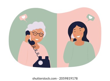 Women Communicate By Phone. Mom Communicates With Her Daughter. Grandma Calls Support. Family Distant Conversation, Communication. Cartoon Flat Vector Illustration Isolated On White Background