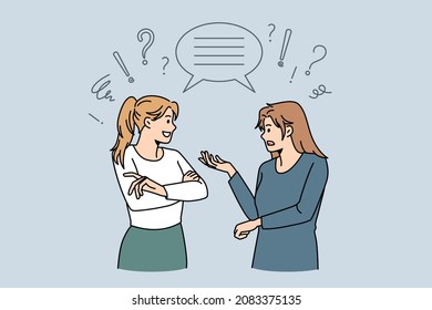 Women communicate feel confused with multicultural misunderstanding. Female colleagues talk speak in group conversation. International chat concept. Flat vector illustration. Speech bubble.