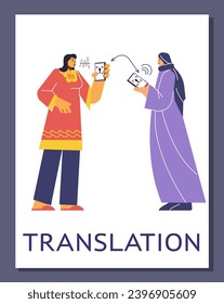 Las mujeres se comunican usando una aplicación de traductores en teléfonos, ilustraciones vectoriales en fondo blanco. Personajes femeninos, multinacionales hablan diferentes idiomas. Dibujado en un estilo de dibujos animados planos de colores