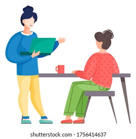 Women communicate at work. Workflow discussion of issues. Female character business consultation. Girl with laptop in hands talking to a colleague. Meeting in office, video conference flat style