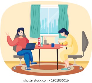 Women communicate at work. Workflow discussion of issues. Female character business consultation. Girl with laptop in hands talking to a colleague sitting at table with documents. Meeting in office