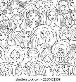 Women community. Big female family. Group of pretty girls. Team of girls. Colouring page. Seamless pattern background for your design