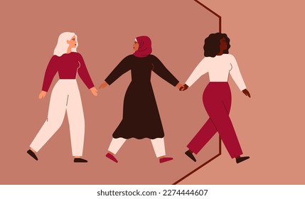 Women community support woman in professional growth. Woman starts a new life by the help of her friends. Strong female business persons begin start up. Partnership and Sisterhood concept. Vector