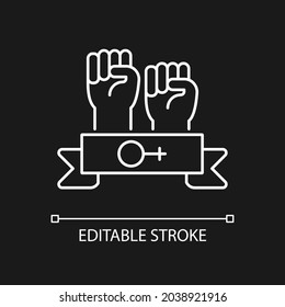 Women community white linear icon for dark theme. Support equal rights. Feminist solidarity. Thin line customizable illustration. Isolated vector contour symbol for night mode. Editable stroke