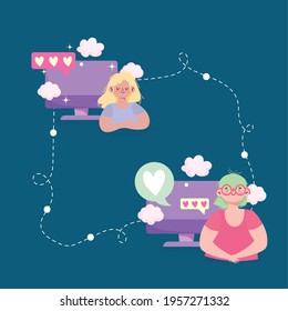 women computer connected by internet