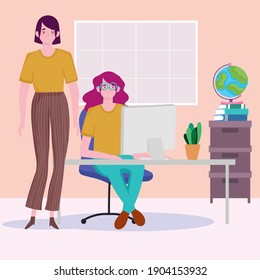 women with computer at desk work space, people working vector illustration