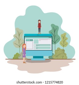 women with computer desktop in landscape