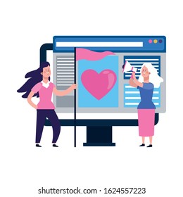 women with computer and flag over white background, colorful design, vector illustration