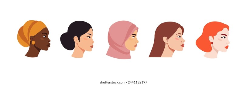 Women. Concept, element for feminism, girl power. International Women's Day. Portraits of different women in profile. Vector illustration, flat design. Female cartoon characters