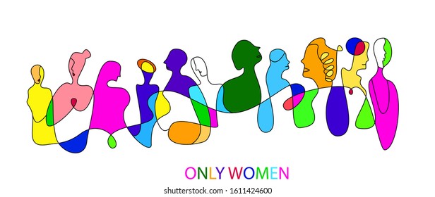women concept in modern creative style, women are different concept, crowd of vivid colored figures on the white background, vector