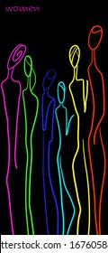 women concept in modern creative style, women are different concept, crowd of vivid colored figures on the black background, vector