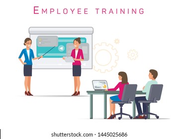 Women Conduct Training. Employee Training. Candidate for Position. Woman in Business Suit. Vector Illustration. Recruitment Agency. Recruiting Director Selection. Project Presentation.