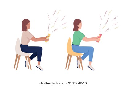 Women with confetti semi flat color vector characters set. Sitting figure. Full body person on white. Festive celebration simple cartoon style illustration for web graphic design and animation pack