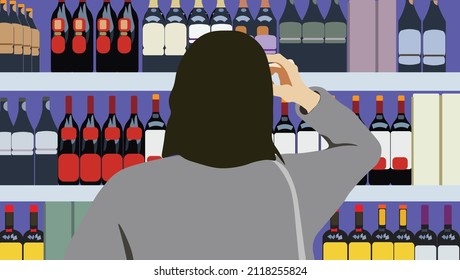 women confuse to choice wine in store. Food and drink display in shop shelf row