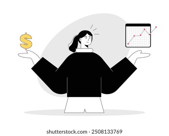 Women are confused about saving or trading. Analyzing budget and financial. Character design. Vector flat illustration